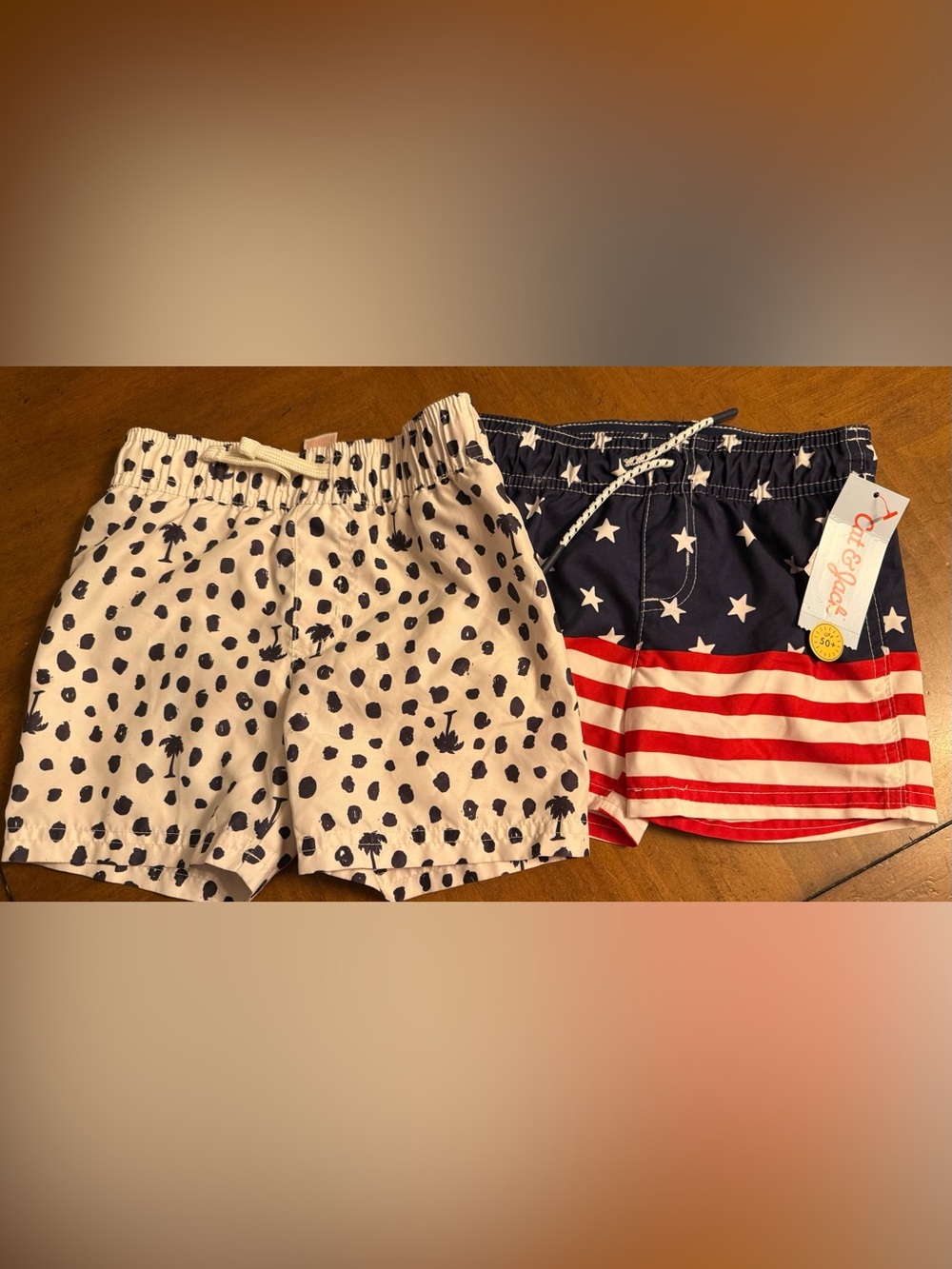 Cat & Jack Navy and White Polka Palm Swim Trunks and American flag bathing suit